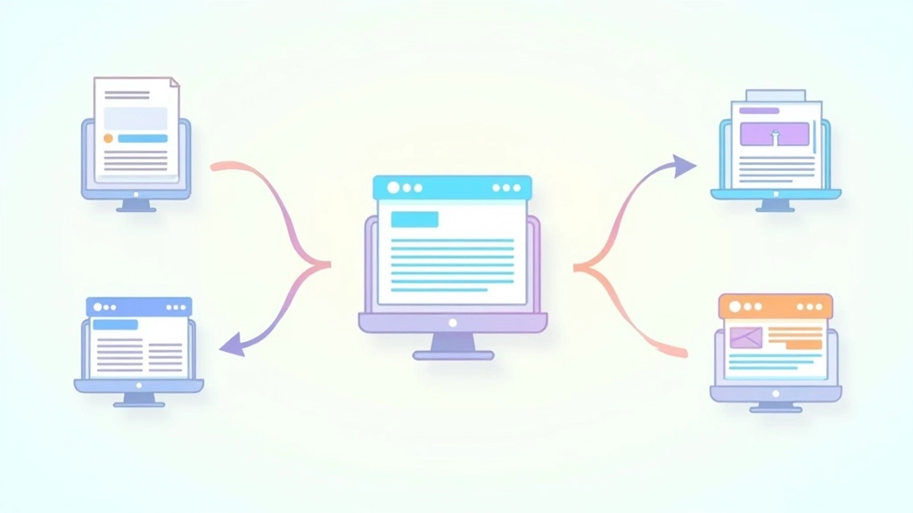 Représentation visuelle d'un article transformé en plusieurs formats : vidéo, podcast, infographie, posts de réseaux sociaux avec des flèches de connexion