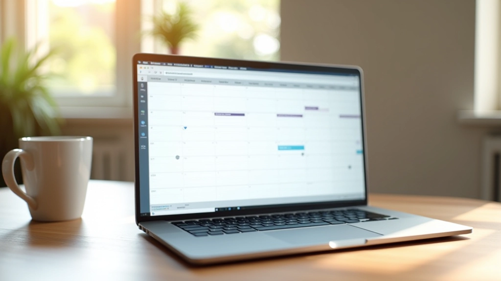 Ordinateur portable affichant un calendrier de planification avec des tâches automatisées et une tasse de café