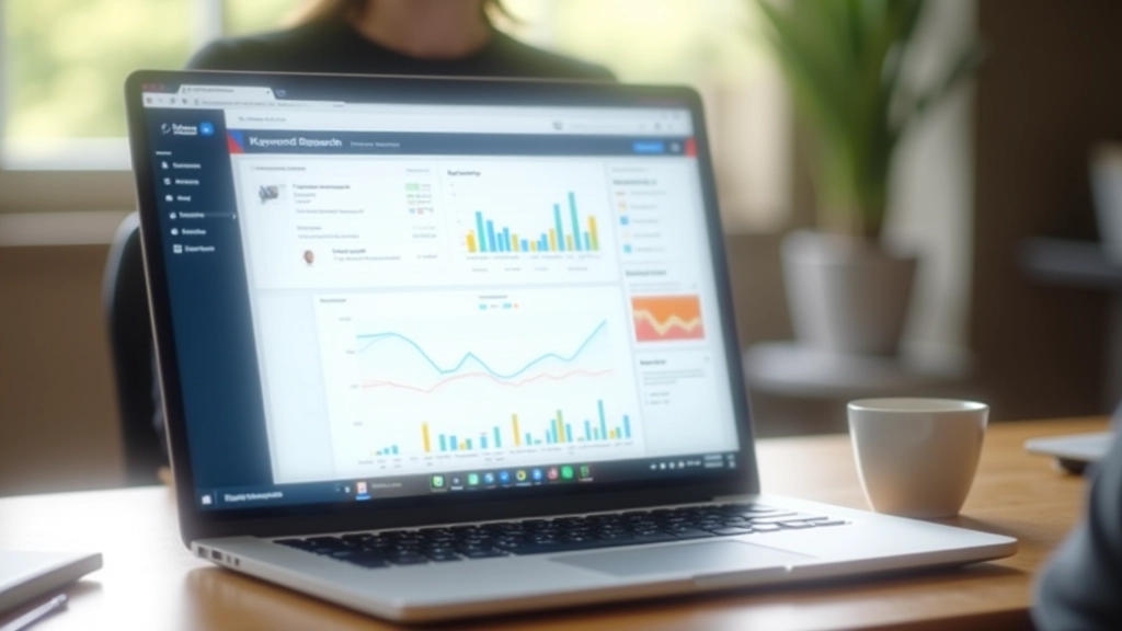 Écran d'ordinateur affichant un tableau de bord d'analyse de mots-clés avec graphiques de volume et de difficulté