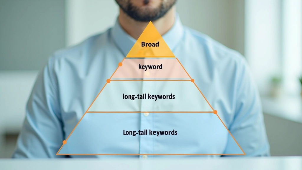 Graphique en pyramide montrant la distribution des mots-clés par volume et spécificité, long-tail en base